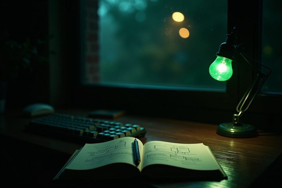 A dark studio desk at night with a mechanical keyboard, an open notebook of hand-drawn system diagrams and a green lamp glow