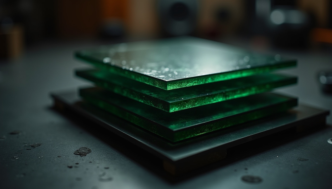 Layered slabs of dark green glass and graphite metal stacked with engineered precision, lit by a single warm light