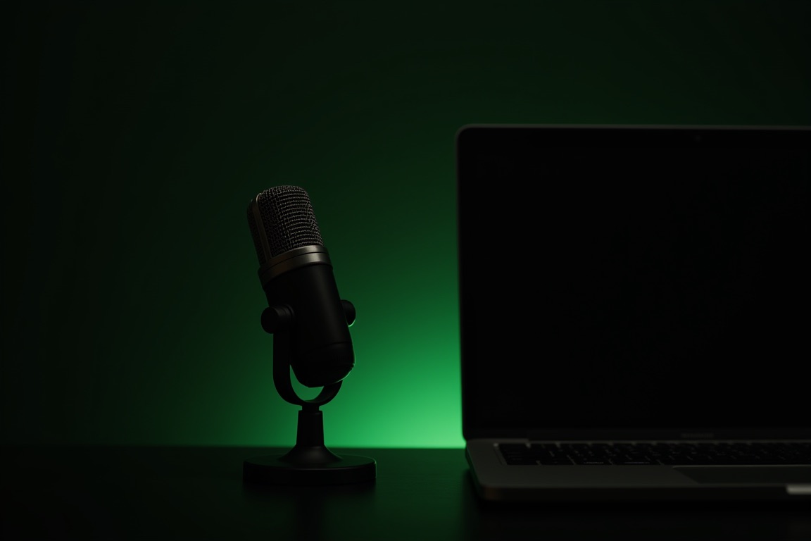 A vintage broadcast microphone on a dark desk in a pool of warm light