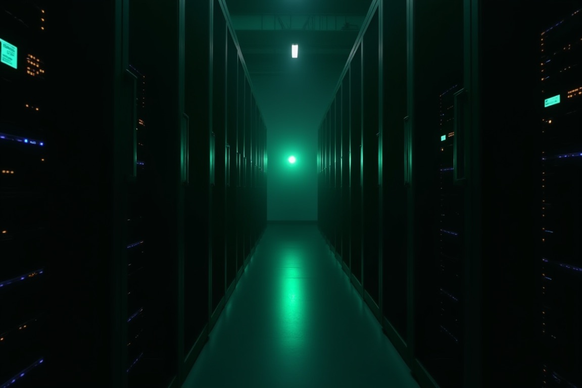 A dark server corridor with small teal status lights and one steady green light